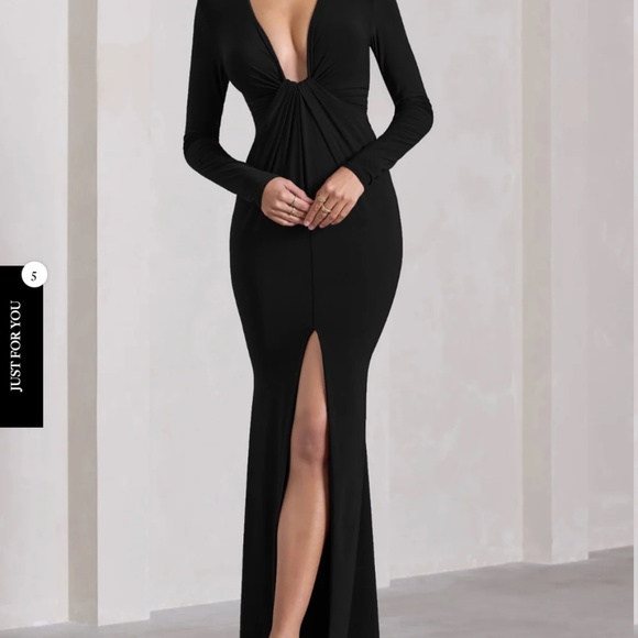 Club L London Aluna Black Plunge-Neck Twisted Split Maxi Dress - Picture 2 of 5